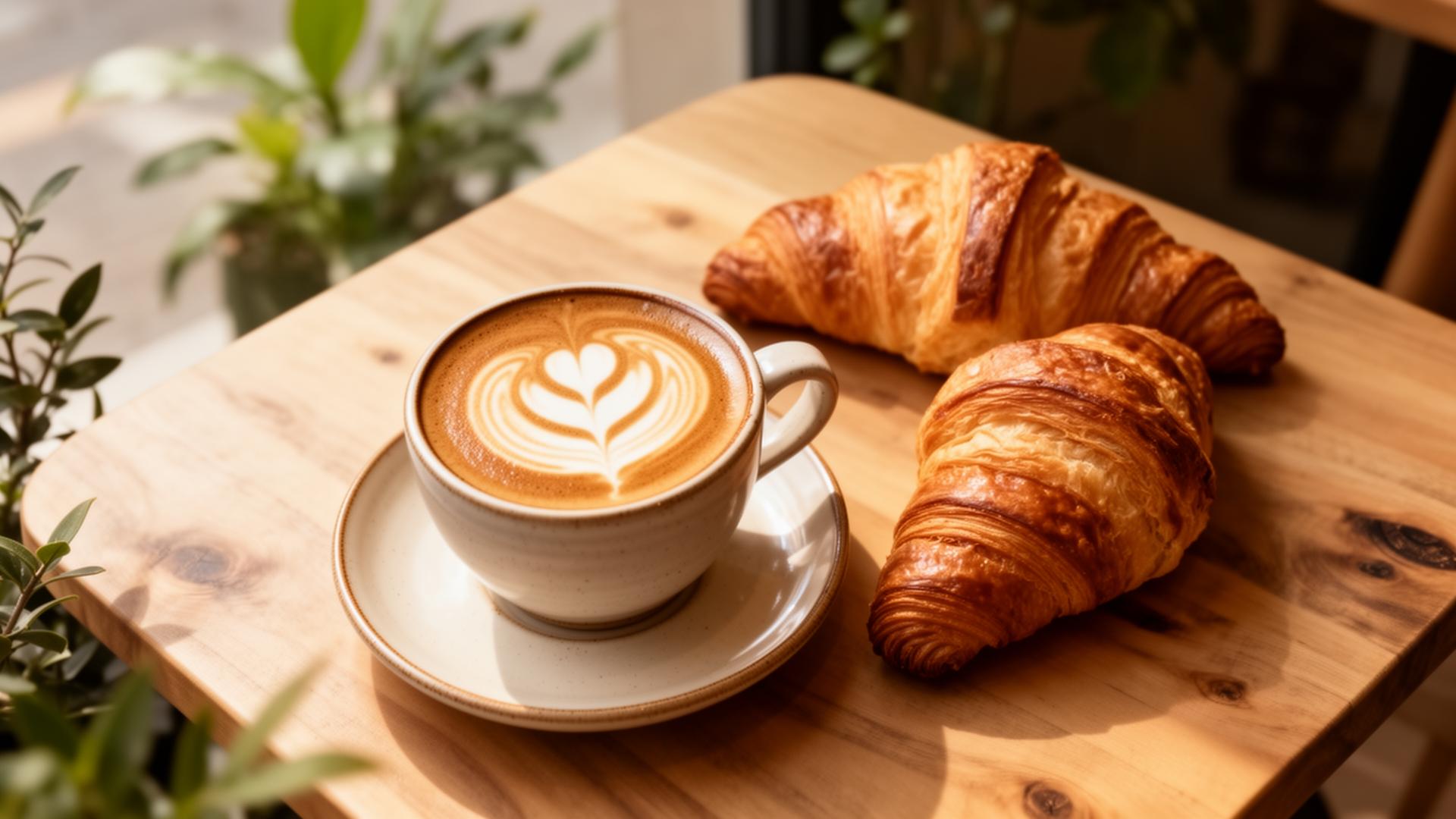 Latte art and fresh croissants on a wooden table